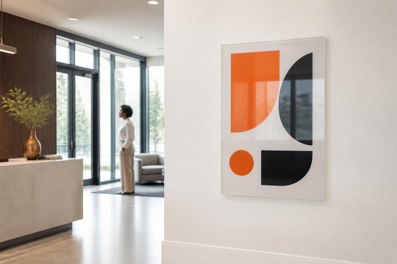 Clear acrylic sign panel with an abstract orange and black graphic on a light reception wall