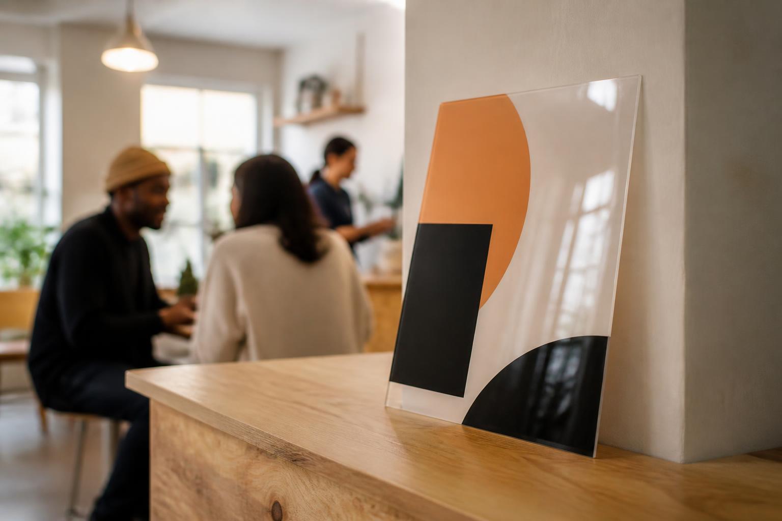 Acrylic panel with an abstract graphic resting on a wood counter in a small studio