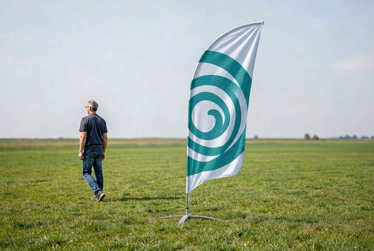 Curved custom flag display with teal abstract spiral artwork on an open lawn.