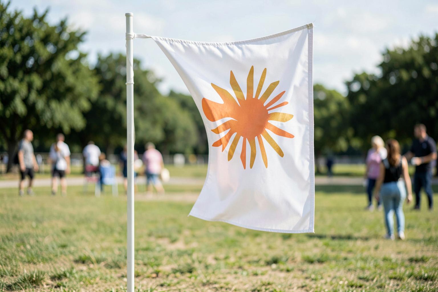 Rectangular custom flag with an abstract sunburst mark at an event arrival area.