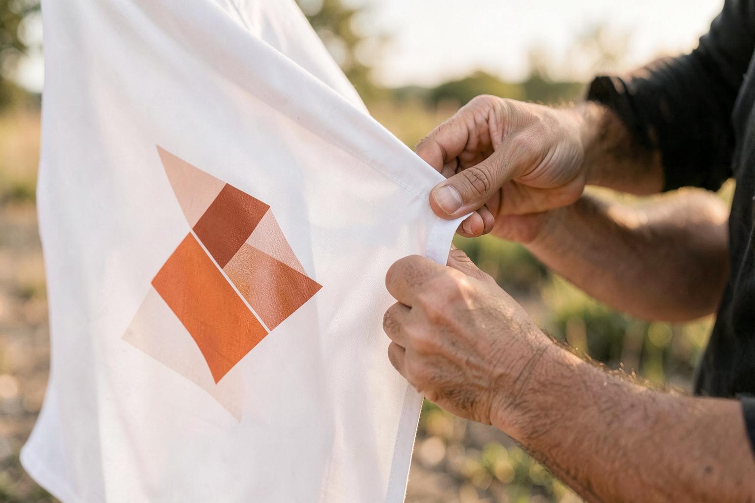 Adult checking a custom flag with an abstract terracotta diamond graphic.