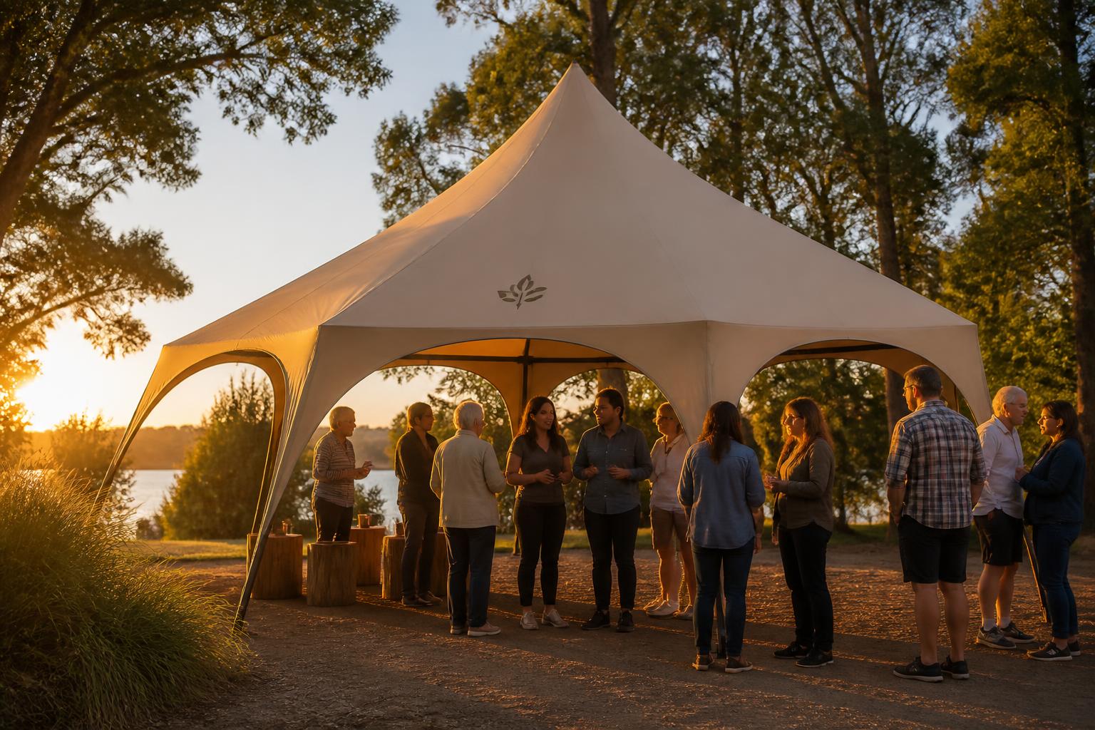 Custom canopy tent with abstract leaf artwork sheltering a community activity.