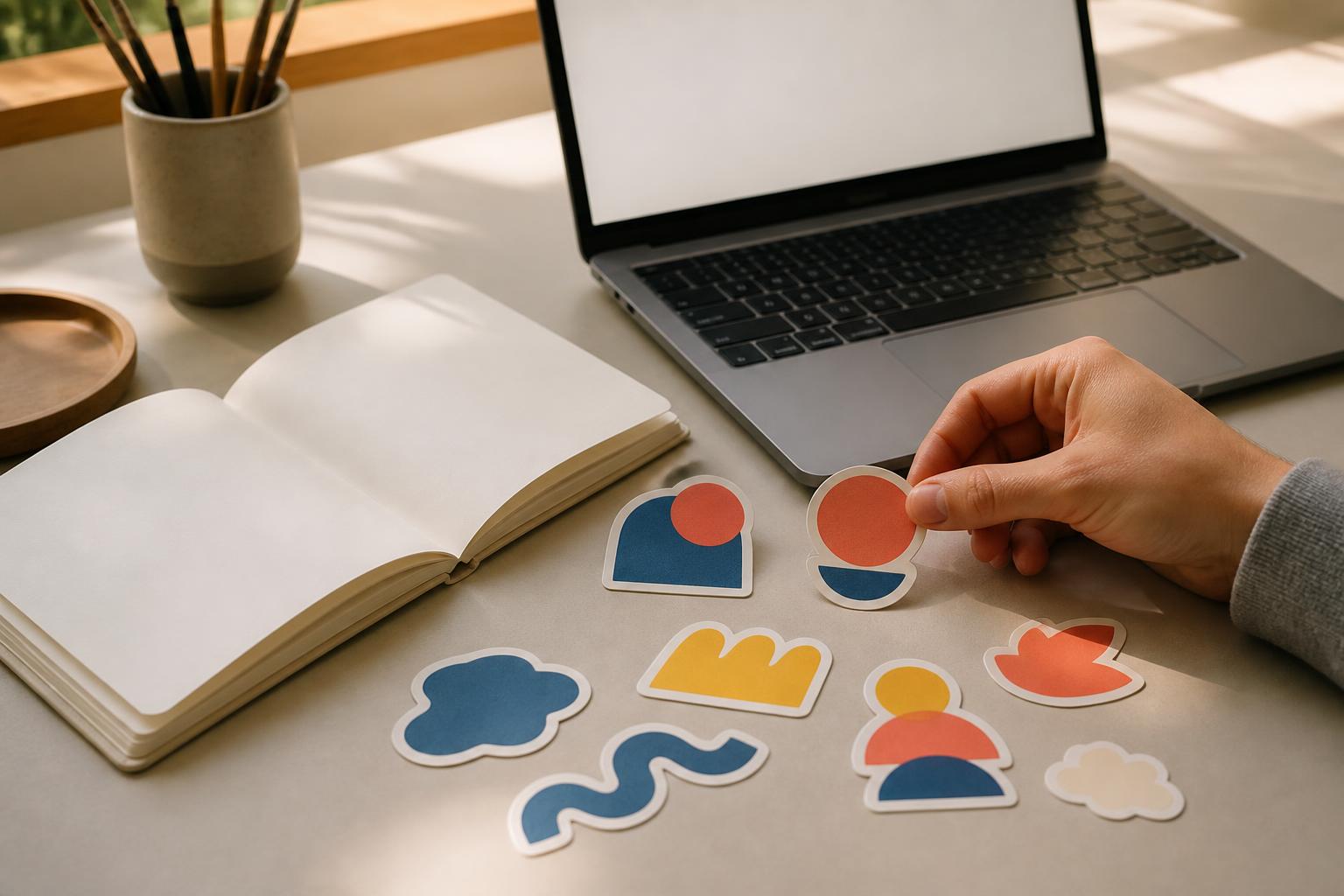 Assorted die-cut stickers with simple abstract shapes arranged on a clean creative desk beside a hand.