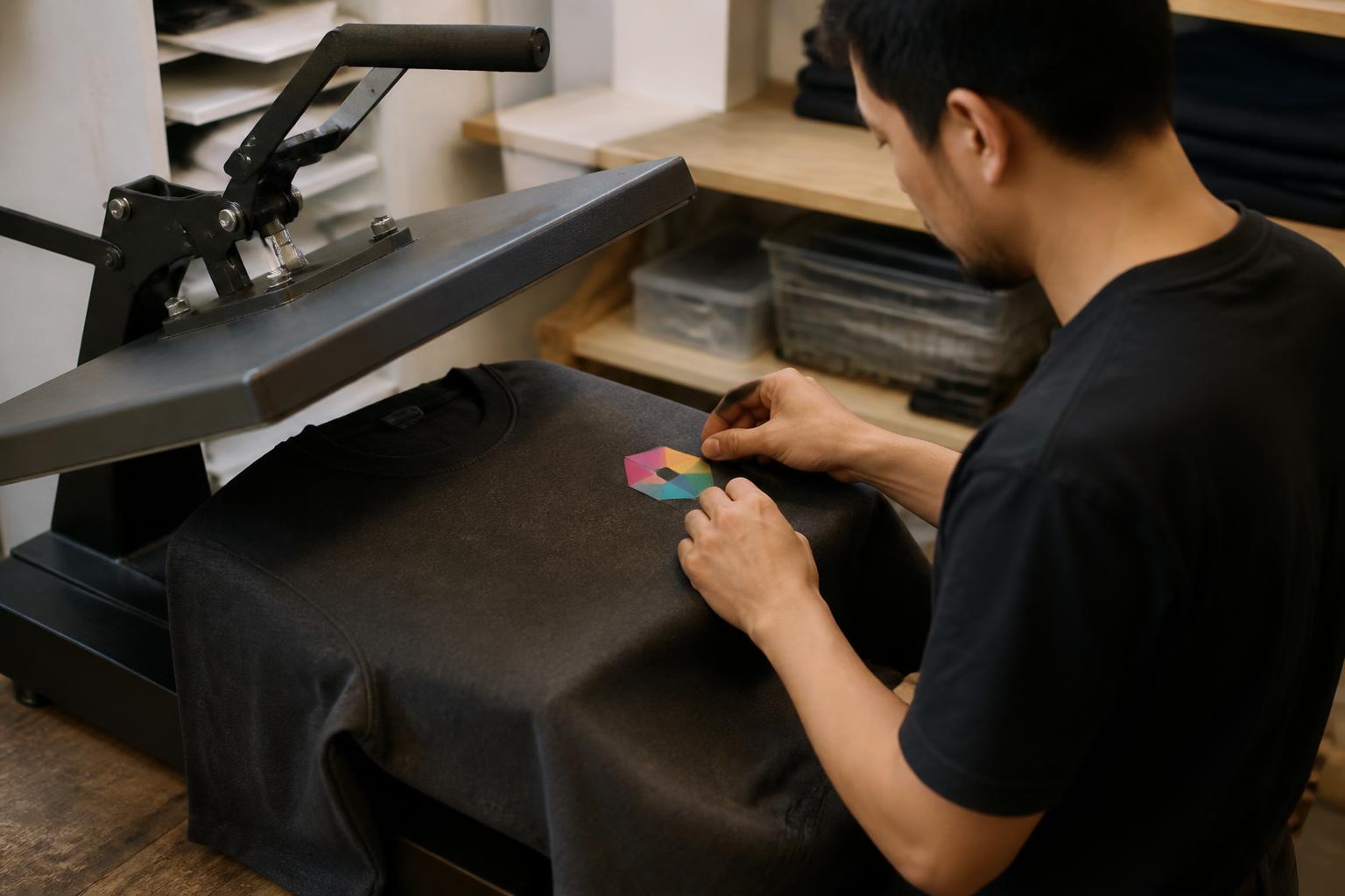 Operator positioning an abstract heat transfer on the chest of a plain dark sweatshirt at a heat press.