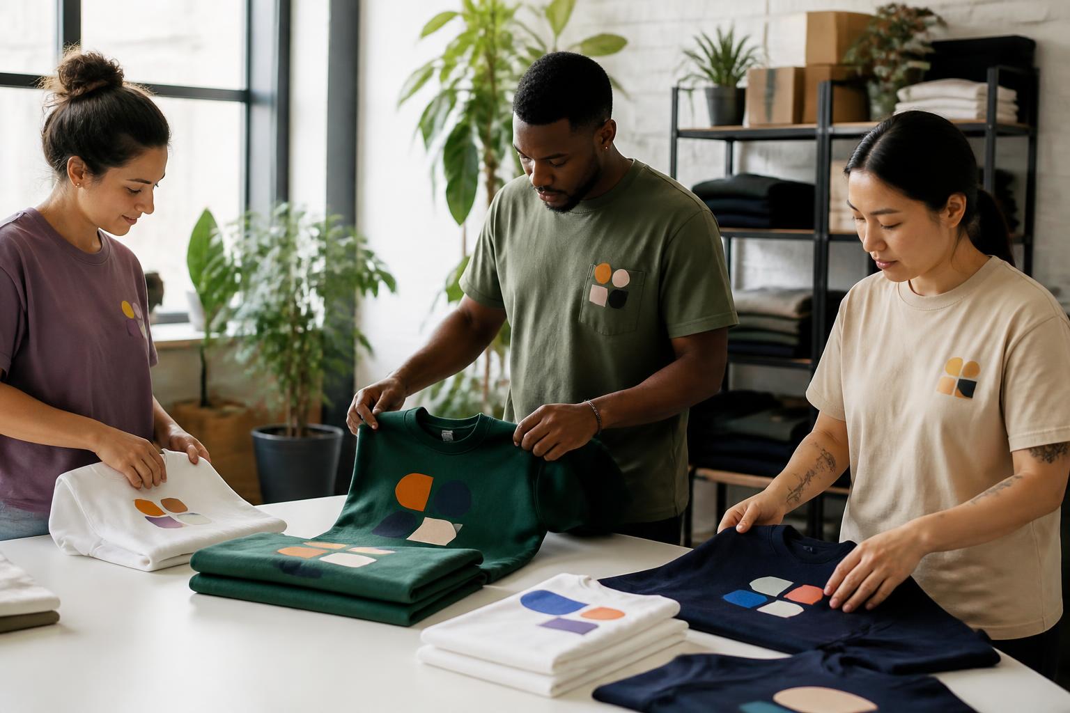Three adults organizing garments decorated with abstract geometric transfer marks in a studio.