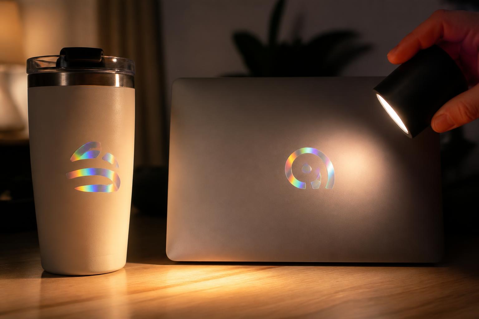 Holographic stickers with abstract arc and dot marks on a blank tumbler and laptop lid under angled light.