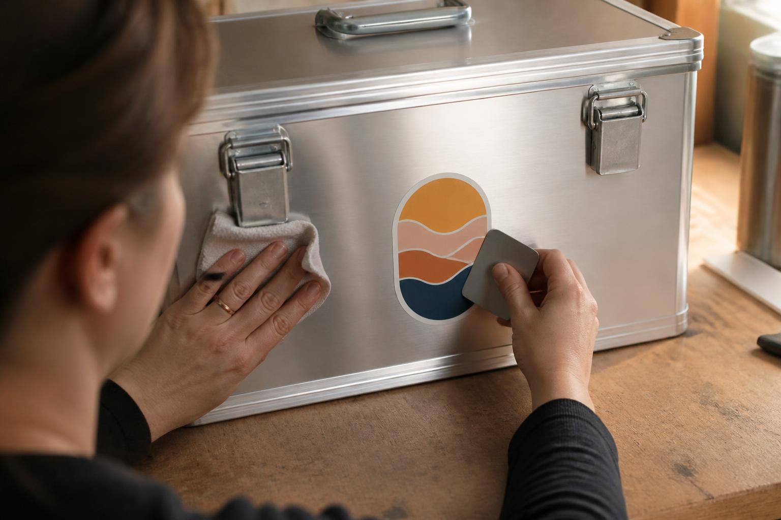 Person smoothing an oval sticker with abstract sunrise shapes onto a blank metal case.