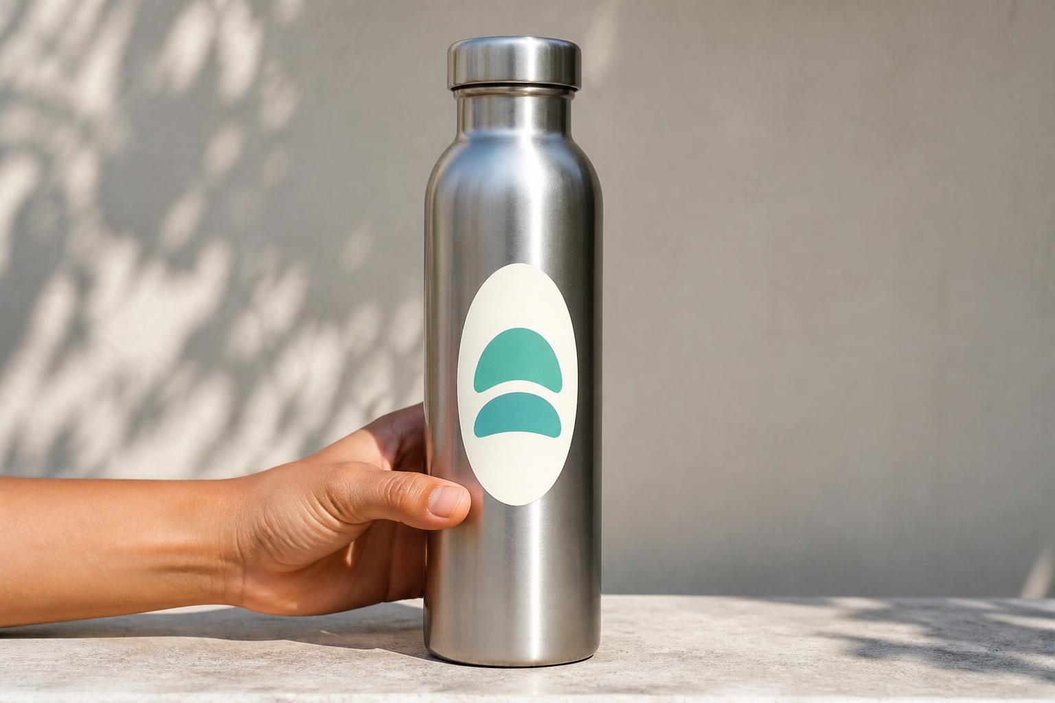 Vertical oval sticker with an abstract teal arc mark applied to a plain reusable bottle.