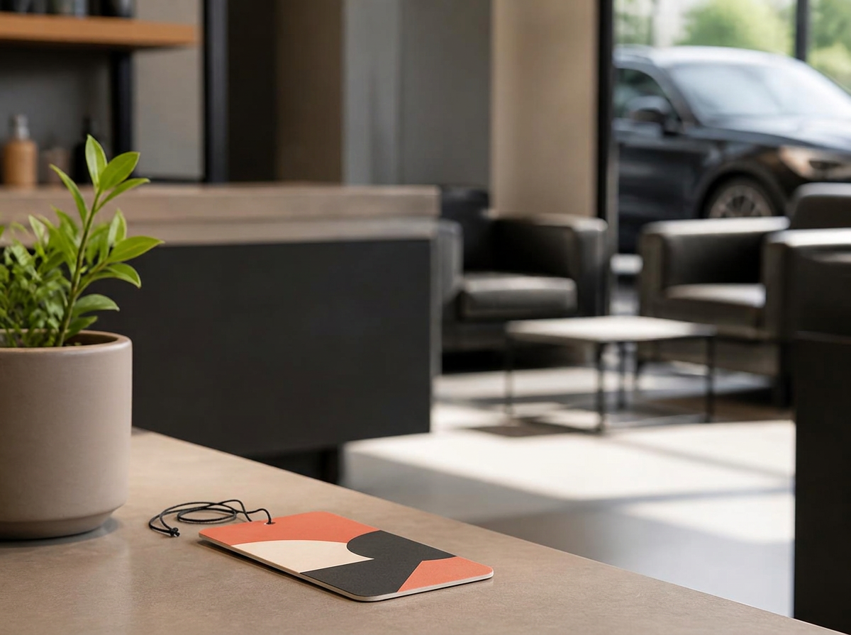 Unbranded abstract-design air freshener displayed in a quiet automotive-care waiting area.
