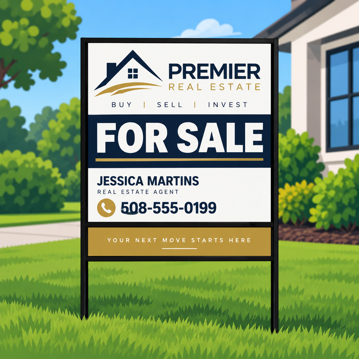 A custom real estate panel with a fictional property identity displayed beside a home entrance.