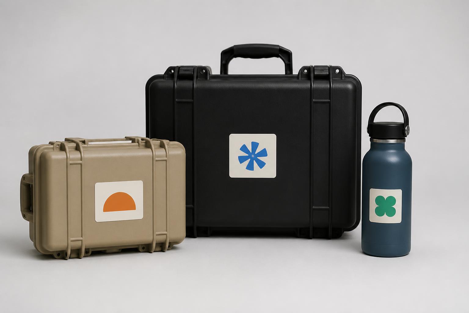 Rectangular stickers with abstract symbols applied to blank reusable cases and a plain water bottle.