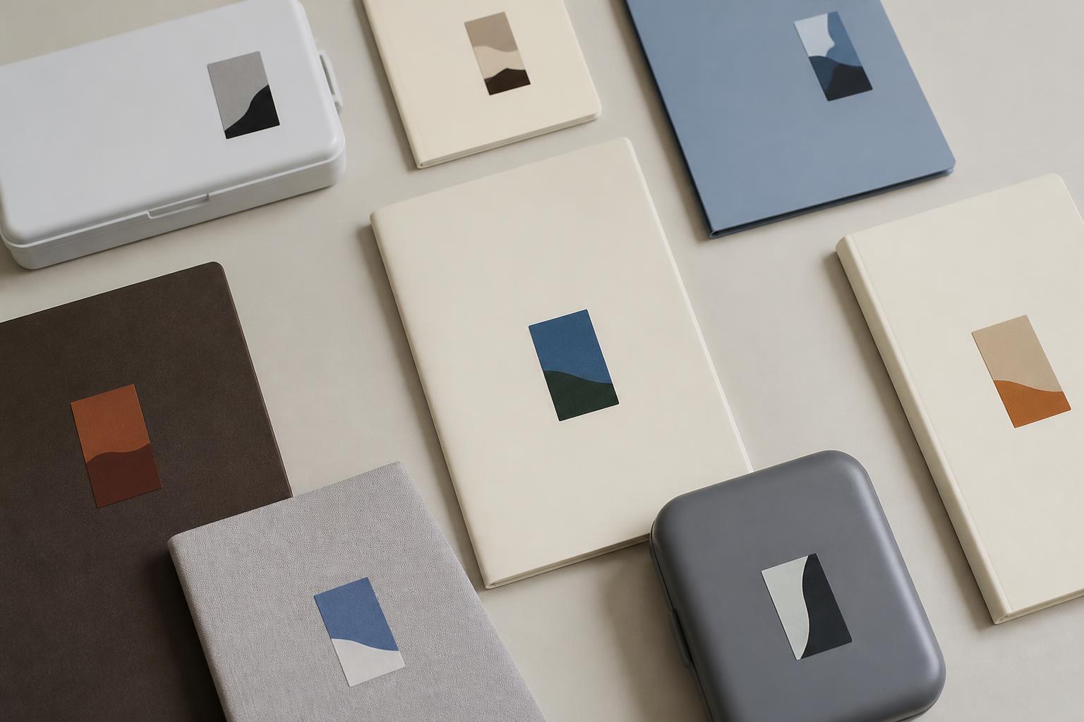 Rectangular stickers with abstract color fields organized on blank notebooks, folders, and reusable cases.