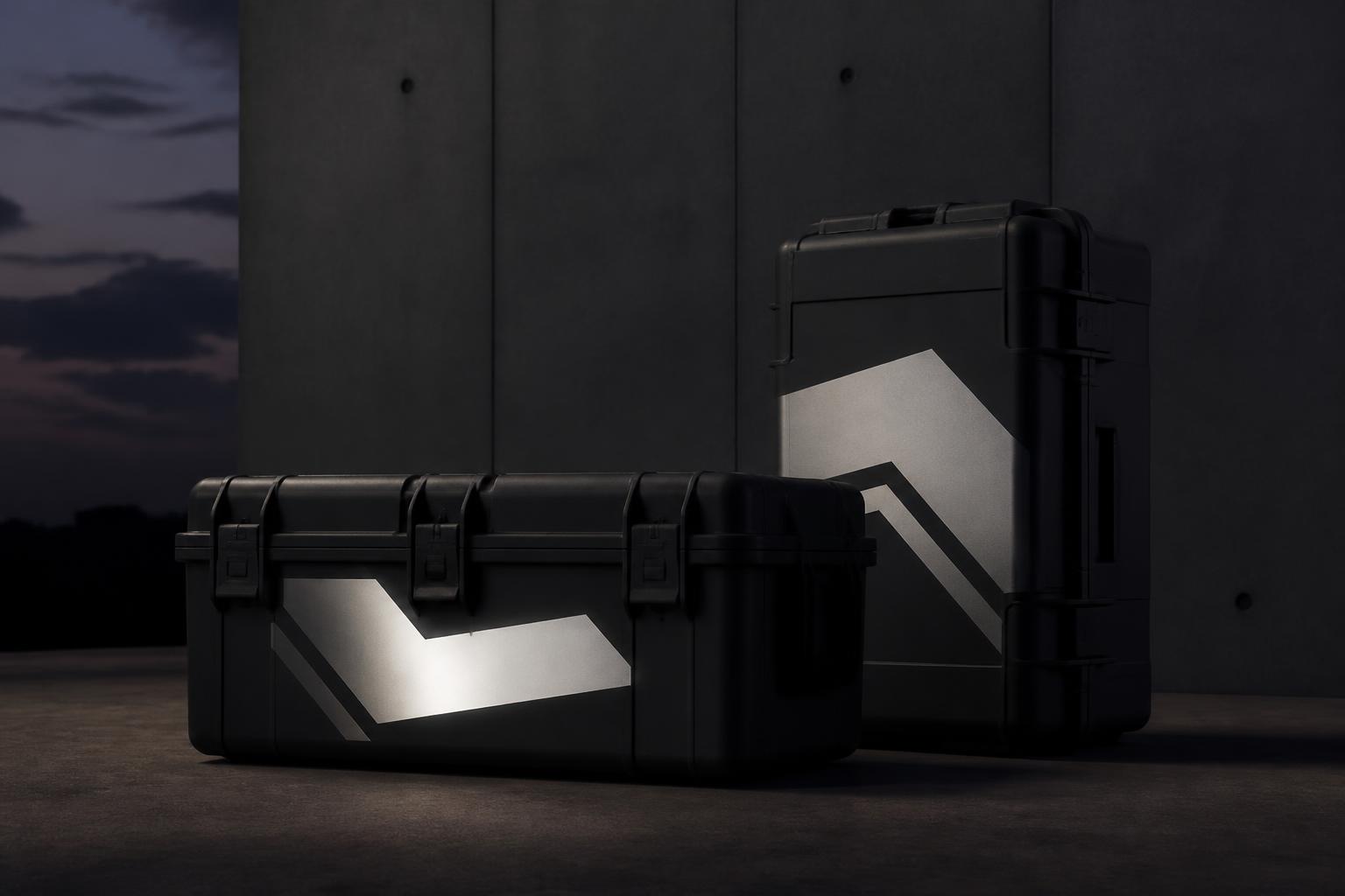 Two blank gear cases with abstract reflective marks shown at different angles under directed light.