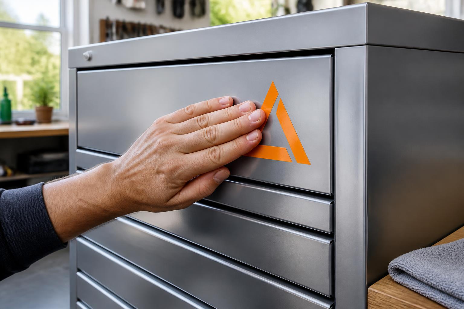 Hand smoothing a reflective sticker with an abstract orange triangle mark onto a blank metal tool cabinet.