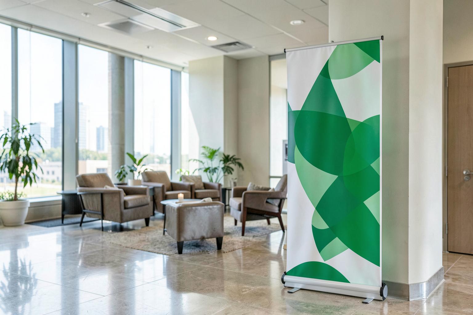 Retractable banner with abstract green artwork in a lobby setting.