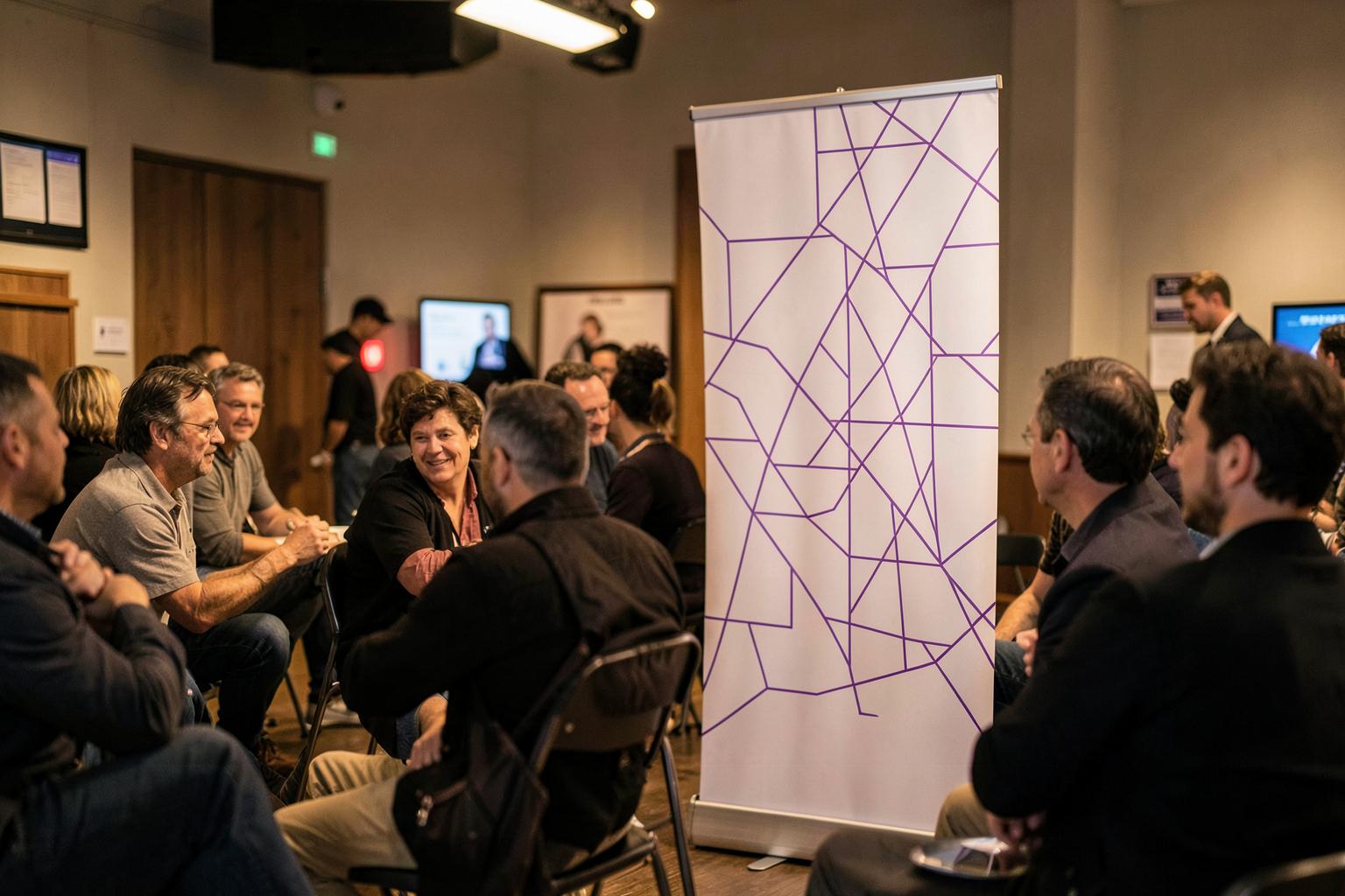 Retractable banner with a violet abstract grid motif beside an informal presentation.