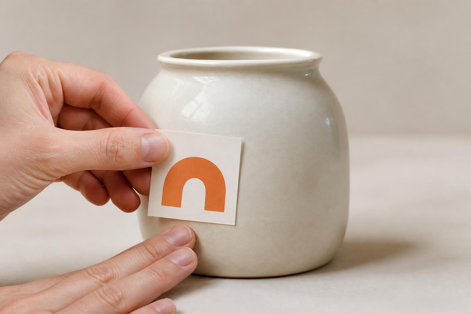 Hand placing a square sticker with an abstract orange arch mark on a blank ceramic jar.